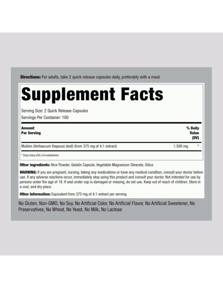 Cápsulas de Hoja de Mullein Piping Rock 1500mg 200 Píldoras