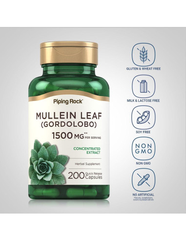 Cápsulas de Hoja de Mullein Piping Rock 1500mg 200 Píldoras