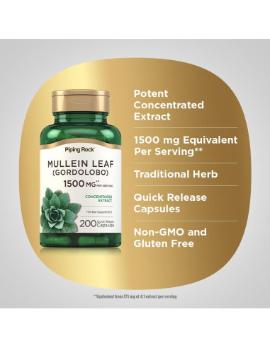 Cápsulas de Hoja de Mullein Piping Rock 1500mg 200 Píldoras