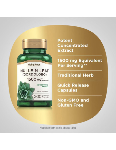 Cápsulas de Hoja de Mullein Piping Rock 1500mg 200 Píldoras