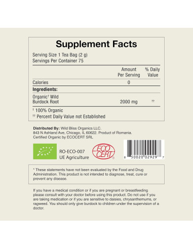Té de raíz de bardana orgánico Wild Bliss - 75 bolsas detox