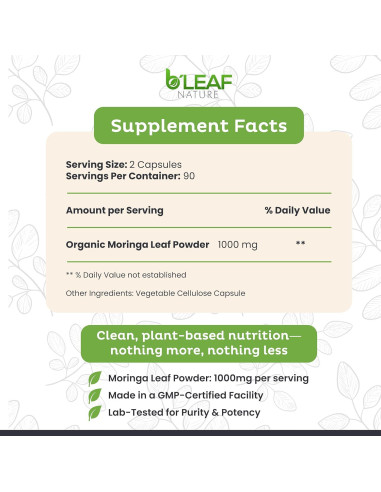 Cápsulas de Moringa Orgánica B'LEAF NATURE 1000mg 180 Unidades