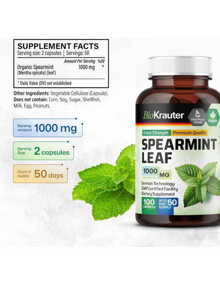 Cápsulas de Menta Verde BIO KRAUTER 1000 mg - 100 Unidades - Suplemento Vegano Digestivo