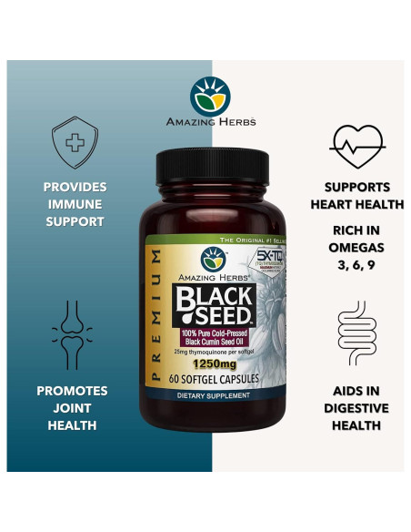 Cápsulas de Aceite de Semilla Negra Amazing Herbs 1250mg - 60 Unidades