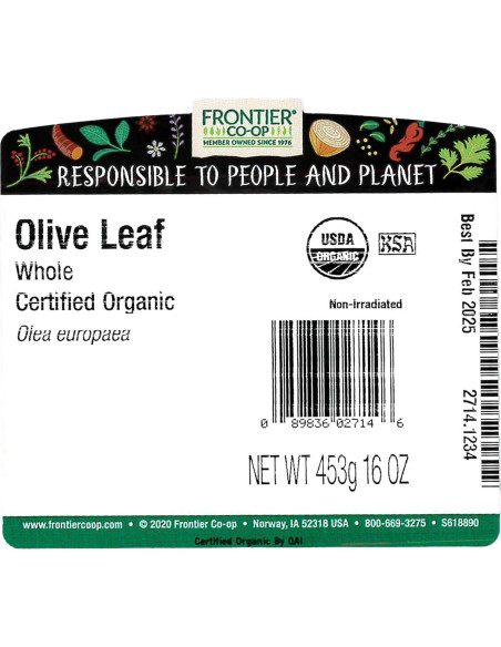 Hojas de Olivo Orgánicas Enteras Frontier Co-op 454g - Kosher