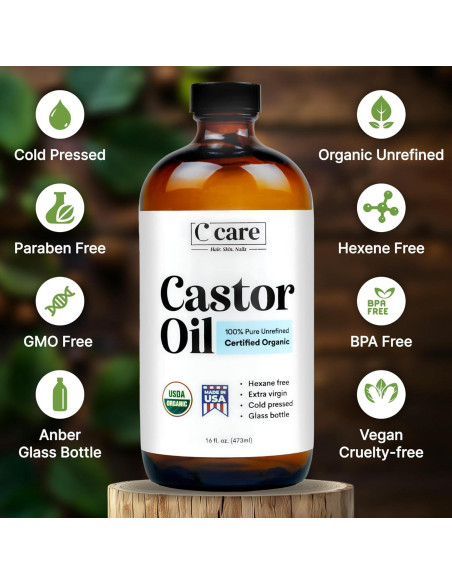 Aceite de Ricino 100% Puro Orgánico C CARE 473ml Prensado en Frío