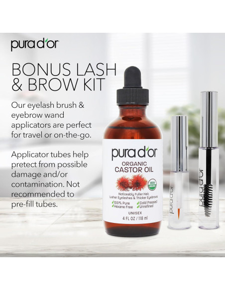 Aceite de Ricino Orgánico PURA D'OR 118 ml + 2 Brochas