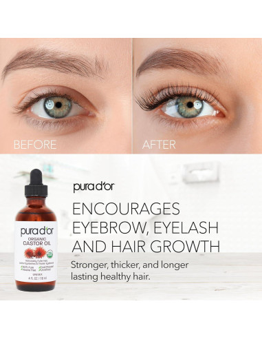 Aceite de Ricino Orgánico PURA D'OR 118 ml + 2 Brochas