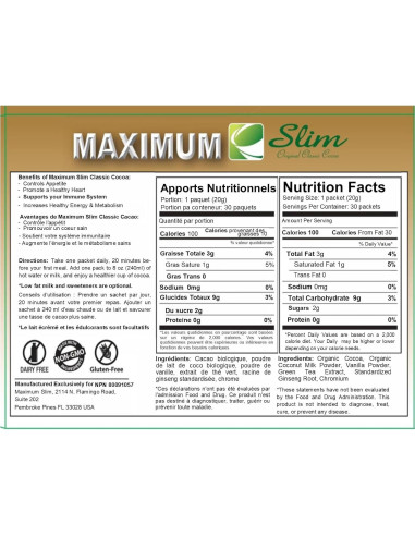 Cacao Instantáneo Premium Maximum Slim 30 Sobres 4 en 1
