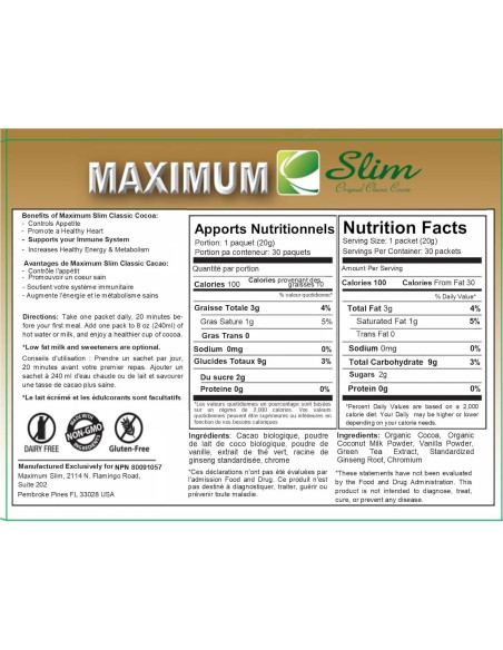 Cacao Instantáneo Premium Maximum Slim 30 Sobres 4 en 1