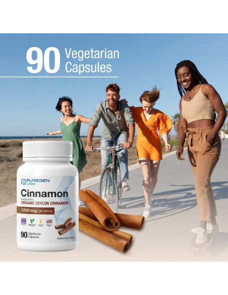Canela Orgánica Puregen Labs 1200mg 90 Cápsulas Vegetales