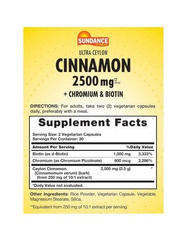 Cápsulas de Canela de Ceilán Sundance 2500mg con Cromo y Biotina