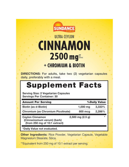Cápsulas de Canela de Ceilán Sundance 2500mg con Cromo y Biotina