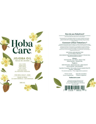 Aceite de Jojoba HobaCare 100% Puro 946 ml - Hidratante Facial y Corporal