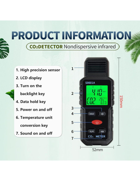 Detector de CO2 Portátil 3 en 1 Metellme - Medidor de Temperatura y Humedad