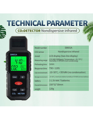Detector de CO2 Portátil 3 en 1 Metellme - Medidor de Temperatura y Humedad
