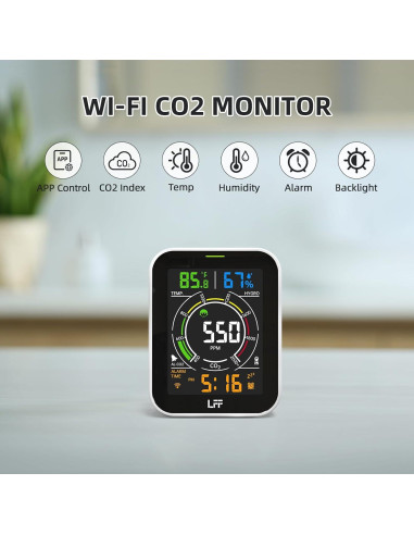 Detector de CO2 LFF Wi-Fi 4 en 1 con Alarma y Pantalla LCD
