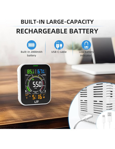 Detector de CO2 LFF Wi-Fi 4 en 1 con Alarma y Pantalla LCD
