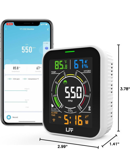 Detector de CO2 LFF Wi-Fi 4 en 1 con Alarma y Pantalla LCD