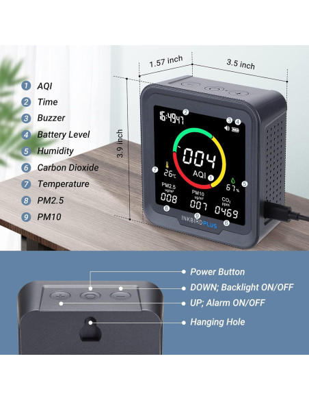 Monitor de Calidad del Aire INKBIRDPLUS 6-en-1 CO2 PM2.5 PM10