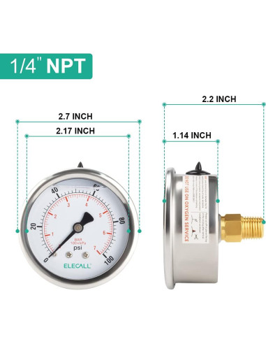 Manómetro de Presión ELECALL 0-100 Psi Acero Inoxidable 2.5"