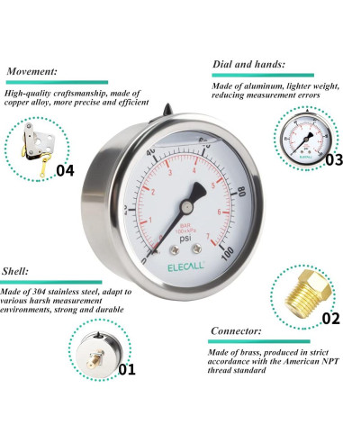 Manómetro de Presión ELECALL 0-100 Psi Acero Inoxidable 2.5"