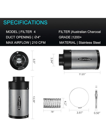 Kit de Filtración de Aire MELONFARM 4" con Ventilador 14 cm