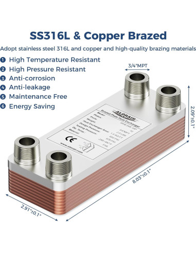 Intercambiador de Calor de Placas ALORAIR WHE3X8-10P 3"x8"