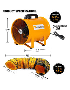Ventilador Axial MOUNTO 12" con Manguera 7.62m 2900 CFM 2
