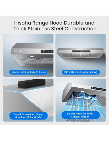 Campana de Cocina HisoHu 30" Bajo Gabinete 900 CFM Acero Inoxidable