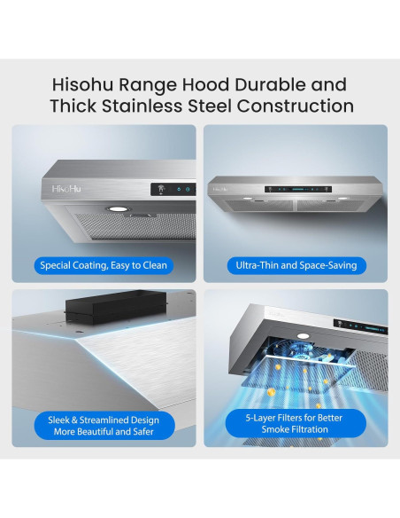 Campana de Cocina HisoHu 30" Bajo Gabinete 900 CFM Acero Inoxidable