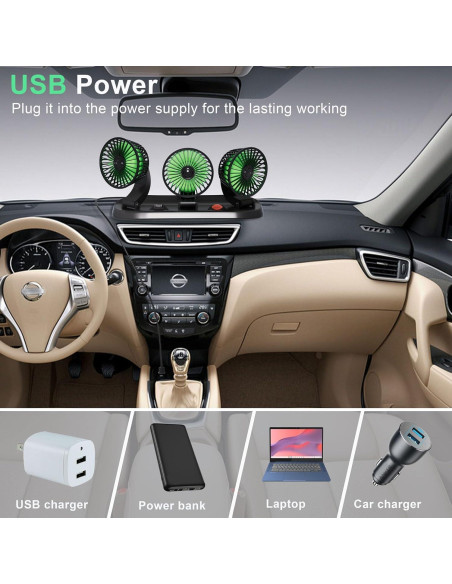 Ventilador de Coche USB Moqidong 3 Cabezas 360 Silencioso