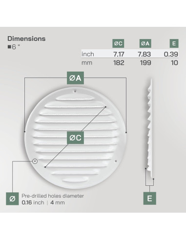 Rejilla de Ventilación Redonda 6" Vent Systems - Paquete de 2 - Blanco