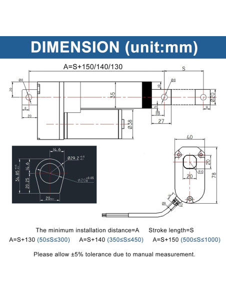 Actuador Lineal 12V JQDML 1000mm 3000N IP65 con Soportes