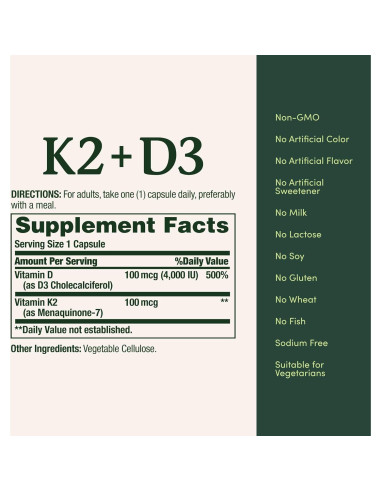 Suplemento Vitamina D3 K2 Nature's Bounty 30 Cápsulas