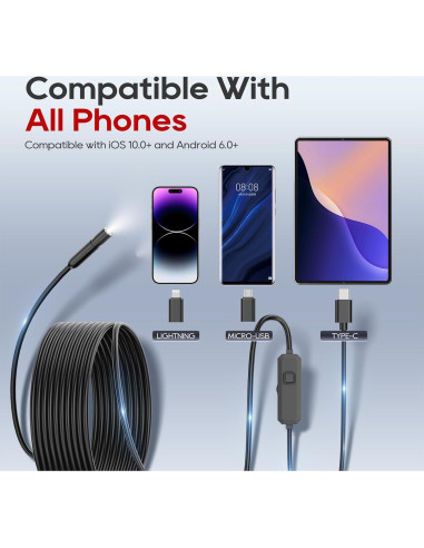 Cámara de Endoscopio TOPDC HD 1920p 5m IP67 con Luz LED