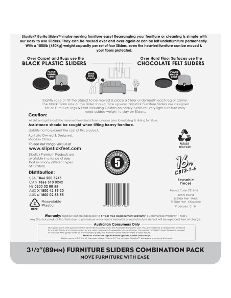 Deslizadores de Muebles Slipstick GorillaSliders 16 Piezas 89mm