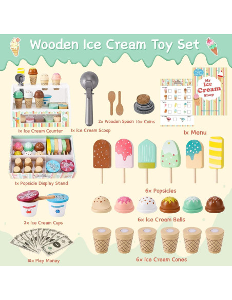 Set de Juguetes de Helado de Madera Peccvon 46 Piezas 3-8 Años