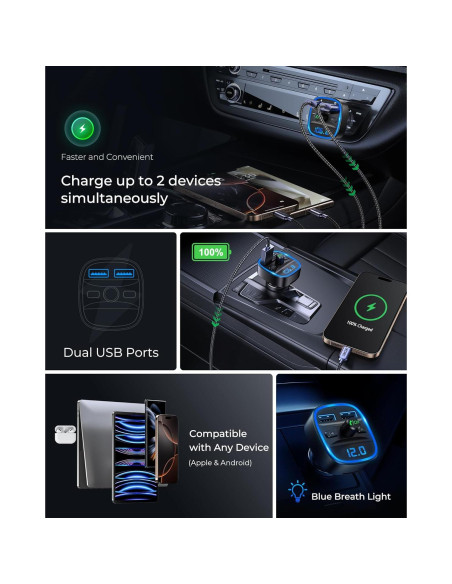 Transmisor FM Inalámbrico LENCENT T25 con Carga USB Doble