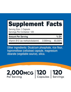 Nutricost Vitamina B12 2000mcg Metilcobalamina 120 Cápsulas Vegetarianas 2