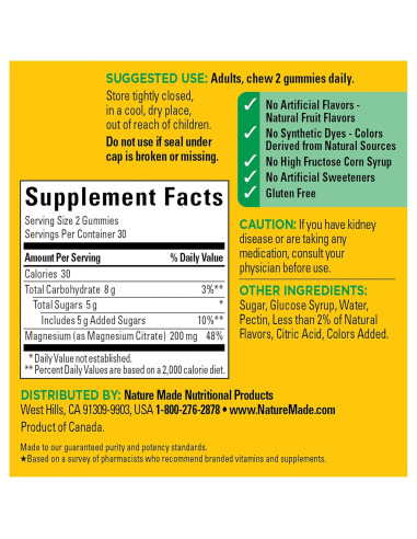 Suplemento de Magnesio Nature Made 200 mg 60 Gominolas