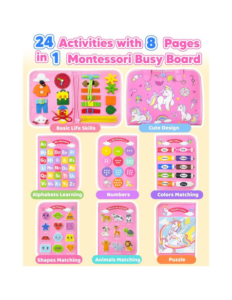 Tablero Ocupado Montessori Walenty Unicornio Rosa 8 Páginas