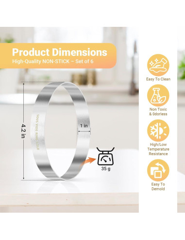 Anillos de Cocción para Hamburguesas Sous Vide Acero Inoxidable 6 Pzas