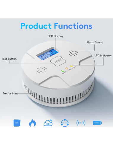 Alarma Combinada de Humo y Monóxido ARIKON 85 dB LCD