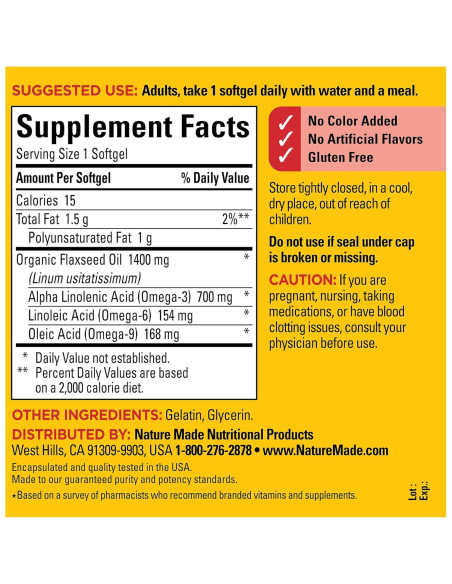 Nature Made Aceite de Semilla de Lino 1400 mg Omega 3 100 Gelatinas
