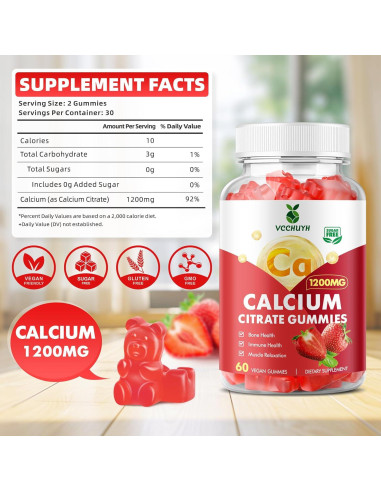 Gomitas de Calcio Citrato 1200mg VCCHUYH Sabor Fresa 60 Unidades