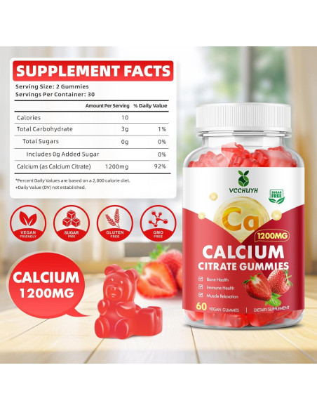 Gomitas de Calcio Citrato 1200mg VCCHUYH Sabor Fresa 60 Unidades