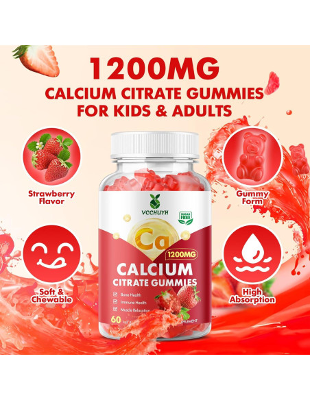 Gomitas de Calcio Citrato 1200mg VCCHUYH Sabor Fresa 60 Unidades
