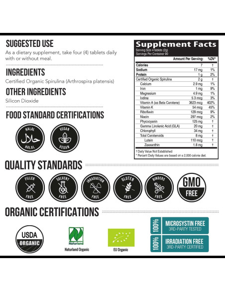 Tabletas de Espirulina Orgánica Parry 360 Tabletas - Alta Densidad Nutricional