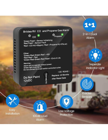 Detector de Monóxido de Carbono y Gas Propano Briidea 12V